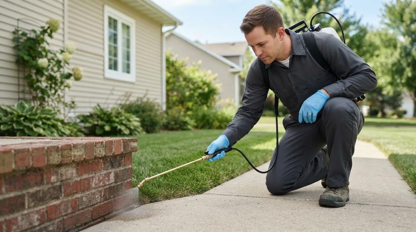 Pest control technician treating a home near Benton, MO