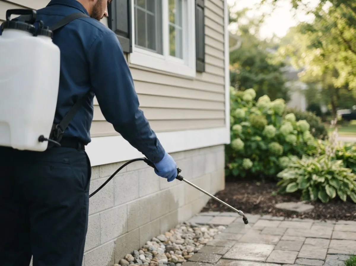Pest control technician inspecting a home in Benton, MO